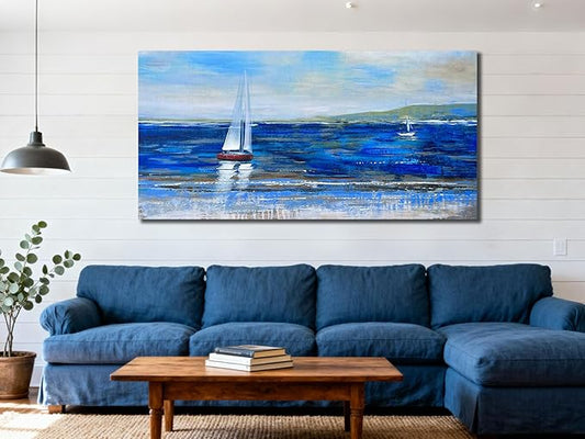 Ardemy Blue Abstract Canvas Wall Art for Living Room Sailboat Large Wall Decor Painting Picture Bedroom Textured Nautical Navy Blue Seascape Artwork Art for Home Office, 40"x20"