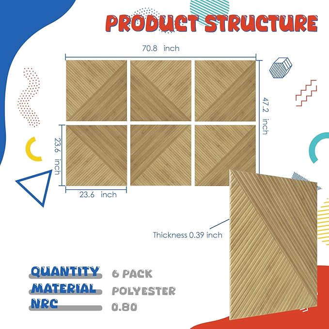 Acoustic Panels 6 Pack, Soundproof Wall Panels 23.6 x 23.6 Inches, Large Decorative Sound Absorbing Panels,Self-Adhesive Acoustic Treatment for Home Studio Office, Light SymmetryLuxe