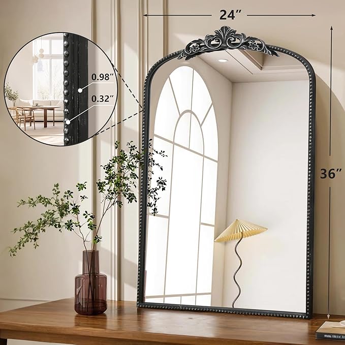 Micasso Vintage Wall Black Mirror: 24" x 36" French Baroque Antique Mirror - Traditional Ornate Decorative Arched Mirrors for Wall/Bathroom/Entryway/Fireplace/Hallway - Home Decor for Living Room