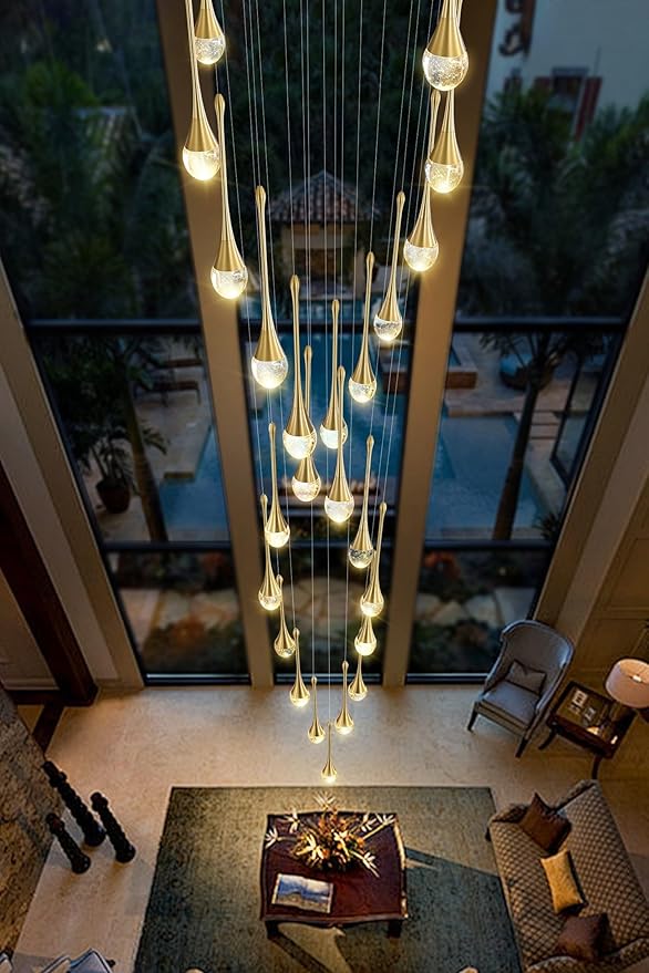 Modern Crystal Chandelier 25-Lights Raindrop Chandeliers LED Dimmable High Ceiling Pendant Light Gold Large Chadnelier for Foyer Entrance Living Room