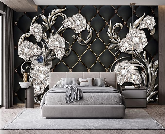 Black Hard Wrapped Pearl Embossed Flowers Wall Mural Wallpaper for Bedroom 137" x 100"