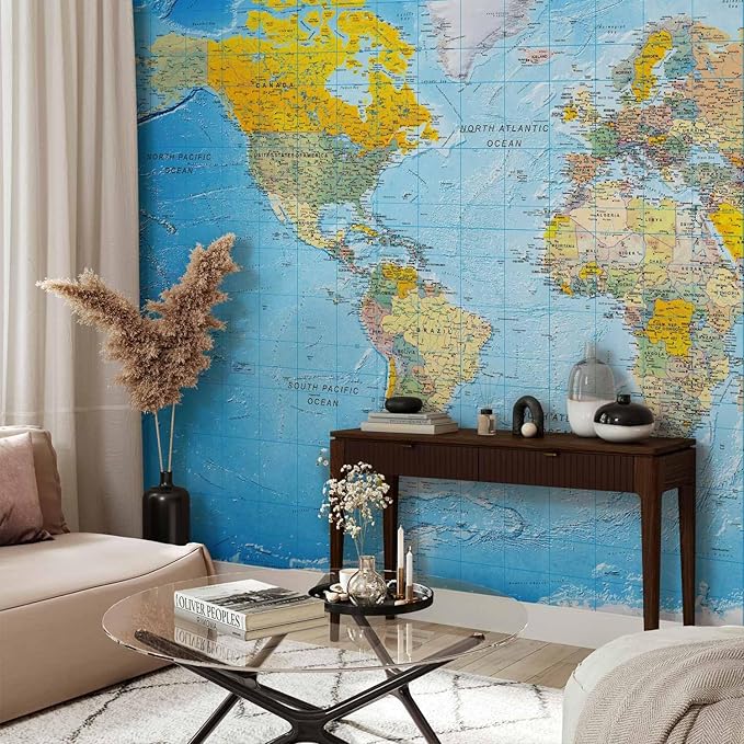 artgeist Premium Wall Mural World Map 118x83 in - XXL Non-Woven Wallpaper Fleece Wall Decor Photo Print Picture Image Design Home Map of The World k-A-0109-a-a