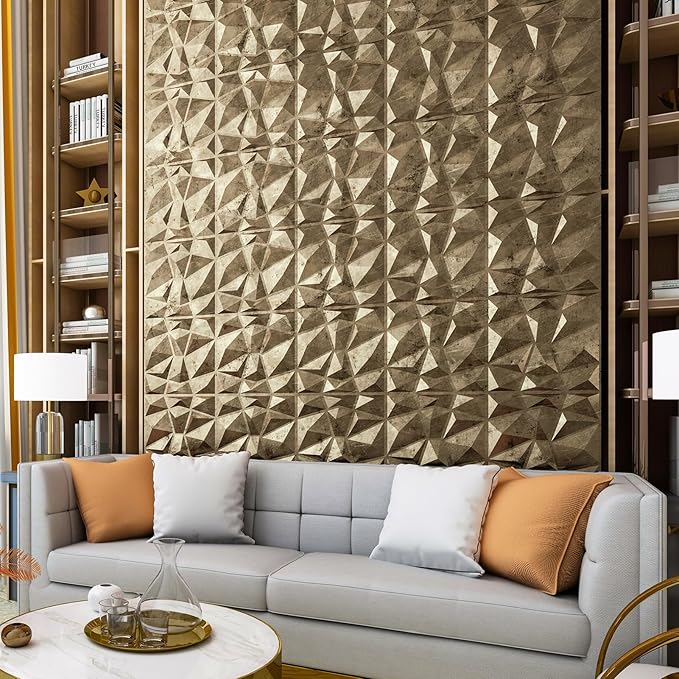 Art3d Textures 3D Wall Panels Antique Gold Diamond Design for Interior Wall Decor Pack of 12 Tiles 32 Sq Ft (PVC)