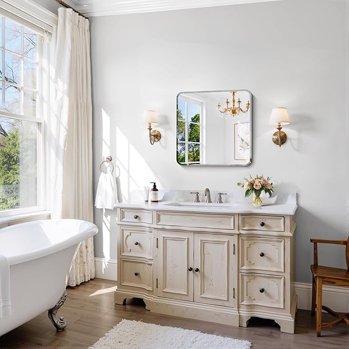 Beveled Frameless Mirror, 18x18 Square Bathroom Mirror Rounded Corner, 18 inch Frameless Vanity Mirror, Shatterproof Lightweight Design Wall Mirror for Bedroom Living Room Entryway