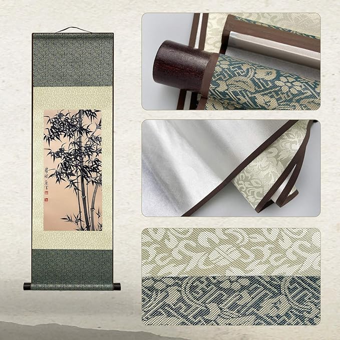 AtfArt Asian Wall Decor Beautiful Silk Scroll Painting Bamboo Leaf Plant - Ancient Bamboo Oriental Decor Chinese Art Wall Scroll Wall Hanging Painting Scroll (36.2 x 12 in)