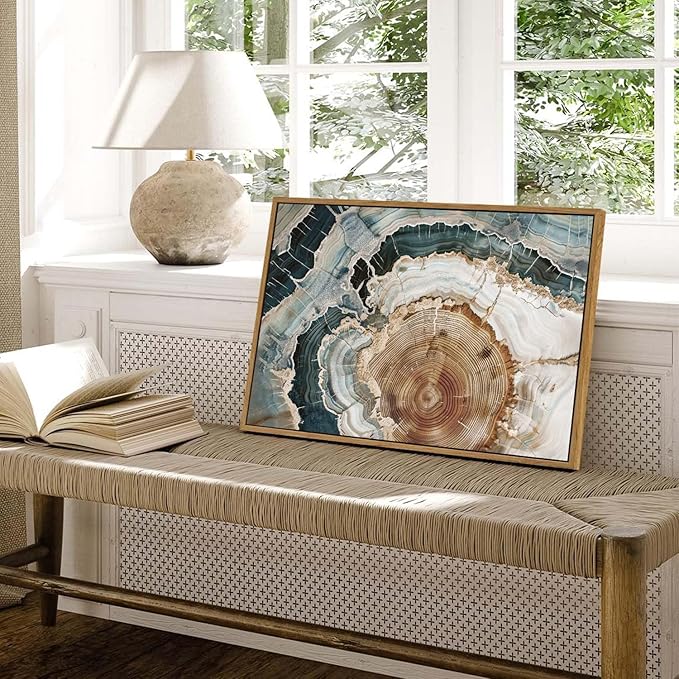 BingruiArt Framed Tree Ring Canvas Wall Art Abstract Wood Wall Decor Boho Modern Colorful Nature Painting Wood Stump Prints Pictures for Living Room Bedroom Bathroom Office 16"x24" Natural Framed(06)