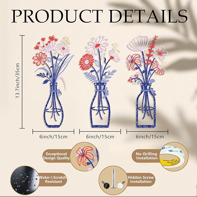 3 Pieces Metal Flowers Wall Art Decor, Farmhouse Minimalist Bathroom Wall Decors Sculptures for Living Room Dining Room Bedroom Housewarming Gifts