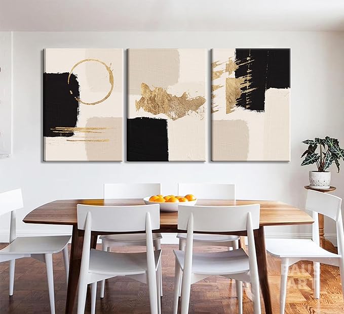 3pcs Framed Black Gold Abstract Wall Art Bohemian Simple Geometric Canvas Poster Print Modern Beige Picture Painting Wall Decor for Living Room Bedroom Office Decoration
