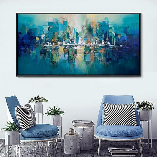 Large Wall Art for Living Room - Abstract Wall Decor Framed Picture Artwork for Wall Decorative Paintings Teal and White Modern Office Bedroom Art