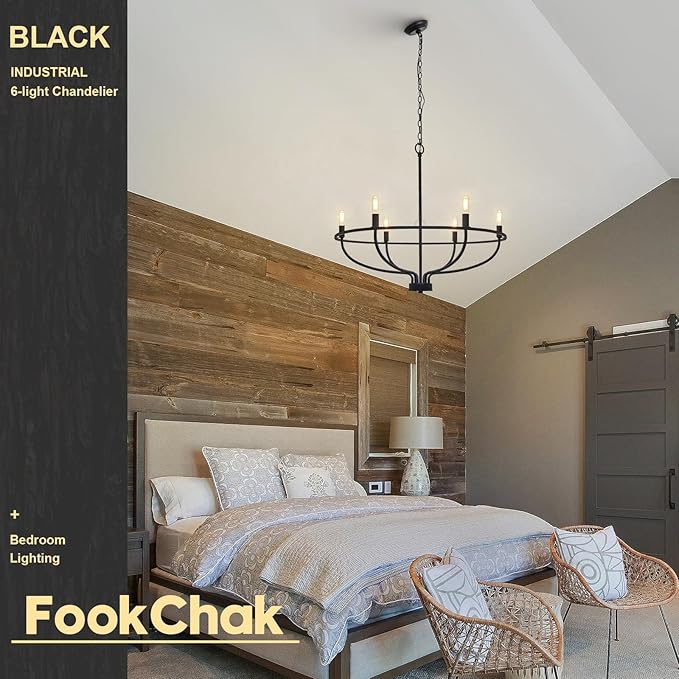 Black Dining Room Light Fixture, 6-Light Farmhouse Black Chandelier for Bedroom Metal Candle Chandeliers Hanging Lighting for Kitchen Living Room Entryway Foyer, 28.54in