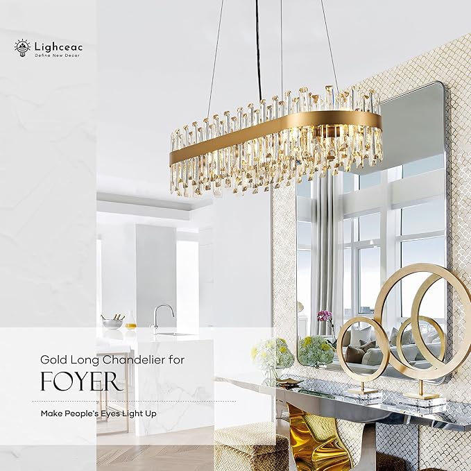 39" Modern Gold Rectangle Crystal Chandelier Light Fixtures for Kitchen Island Luxury Linear Crystal Chandeliers for Dining Room 16-Light Long Hanging Pendant Lighting for Entryway Foyer Bar