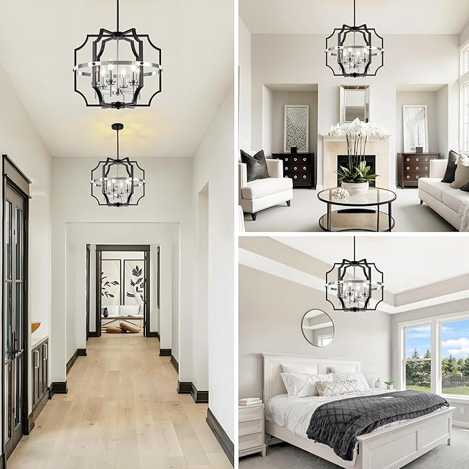 19.7'' Modern Chandelier 6-Light Black and Brushed Nickel Dining Room Light Fixture, Adjustable Industrial Drum Hanging Pendant Lights for Kitchen Island Hallway Entryway Foyer