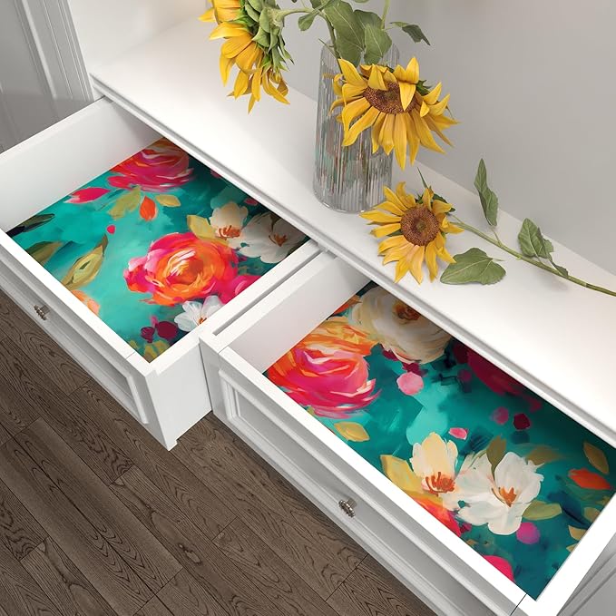 Bright Floral Wall Paper Watercolor Peel and Stick Wallpaper Oil Painting Contact Paper for Countertop Cabinet Wall Shelf Liner Removable Renter Friendly Colorful 17.5 x 196.5In