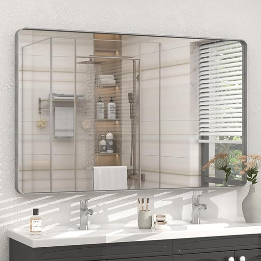 48x30 Silver Brushed Bathroom Mirror for Wall, Brushed Silver Metal Framed Bathroom Vanity Mirror, Rounded Rectangle Mirror, Shatterproof, Anti-Rust (Horizontal/Vertical)