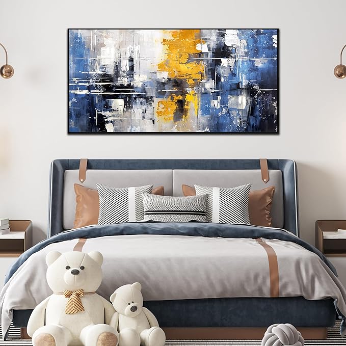 Abstract Paintings Canvas Wall Art - Blue Pictures Wall Decor - Framed Wall Art for Living Room Ready to Hang Size 29" x 59"