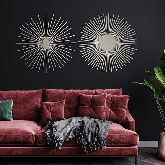 NEODECO Sun Rays-Double Metal Wall Art, Geometric Sun Decor, Metallic colors, Large 3D wall sculpture, model BC, Set of 2 (Silver, Large)