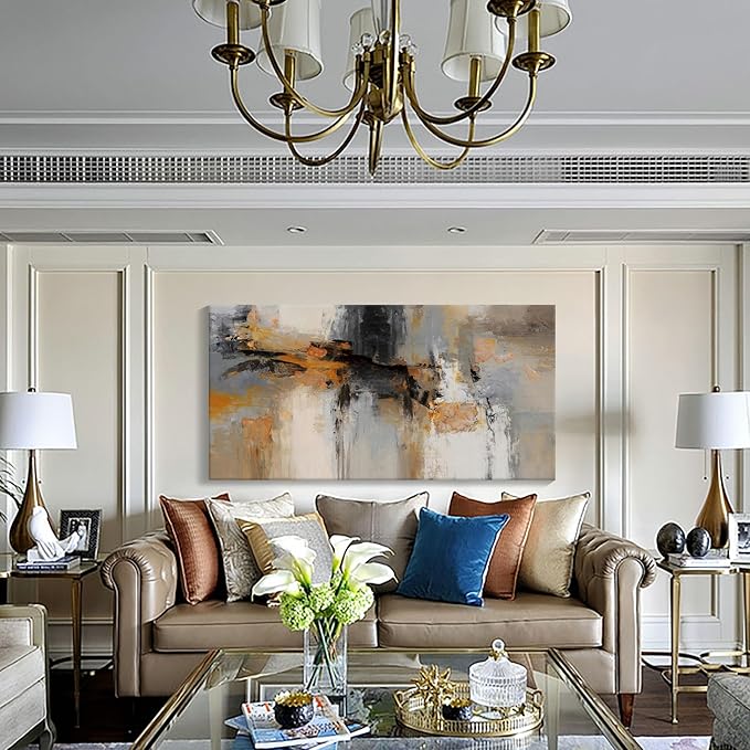 AJAZIKO Large Abstract Canvas Wall Art - Wall Art for Living Room and Bedroom, Modern Wall Decor in Orange and Gray Hues, Perfect Office Decorations for Work