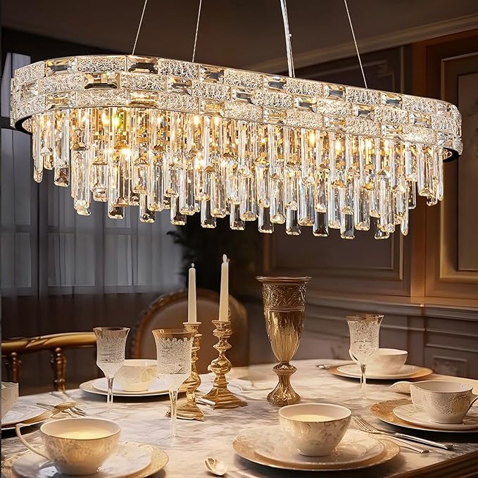Modern Crystal Chandelier,12-Light Gold Chandelier Light Fixture Contemporary Luxury K9 Crystal Rectangular Pendant Ceiling Light Fixture for Dining Living Room Kitchen Island Bar (L34.3Inch)