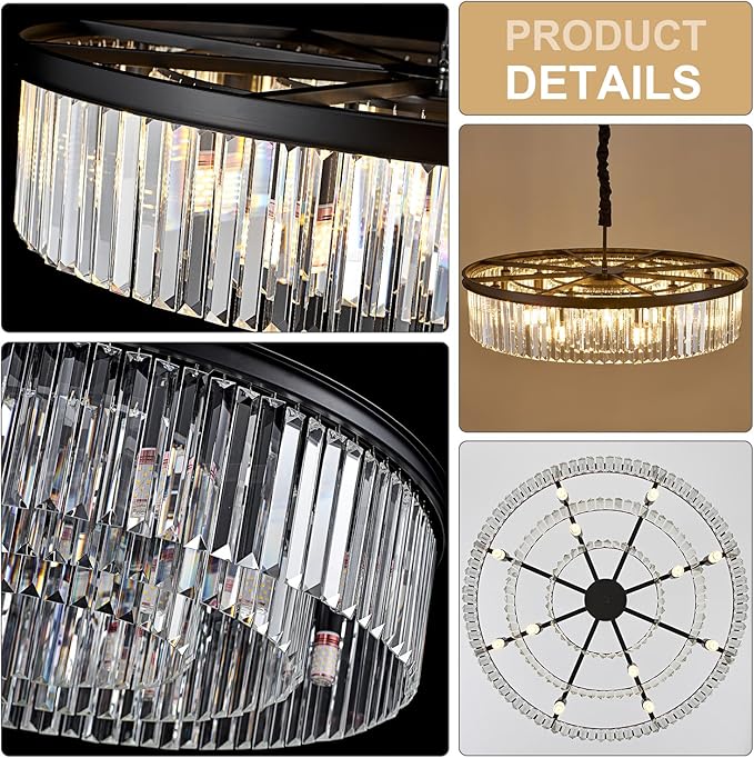 31.5" 12-Light Modern Crystal Chandelier Light Fixtures 3 Rings Black Luxury Chandeliers for Living Room Glam Round Hanging Ceiling Pendant Lighting for Entryway Kitchen Bedroom Dining Room