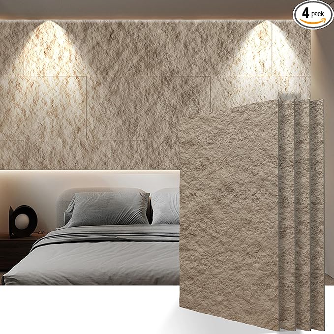 KASARO PU 3D Faux Stone Wall Panels, 4 PCS Wainscoting Panel for Interior Wall Decor, Cement Texture Accent for Home, Office, 47.2×23.6inch, Stone Yellow