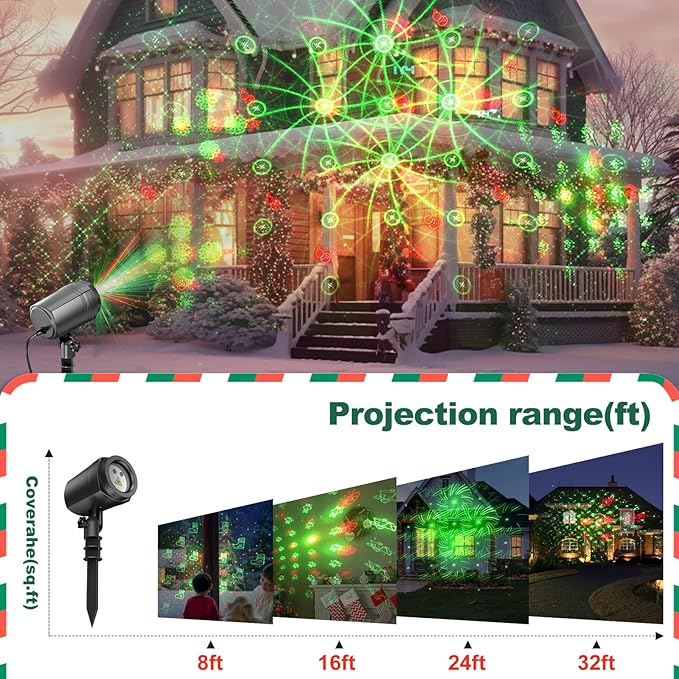 NUÜR Christmas Projector Lights Outdoor, Waterproof Christmas Light Projector with 24 Christmas Decorative Patterns, Remote Control with Timer, Holiday Projector Lights for Outdoor Garden Patio Wall