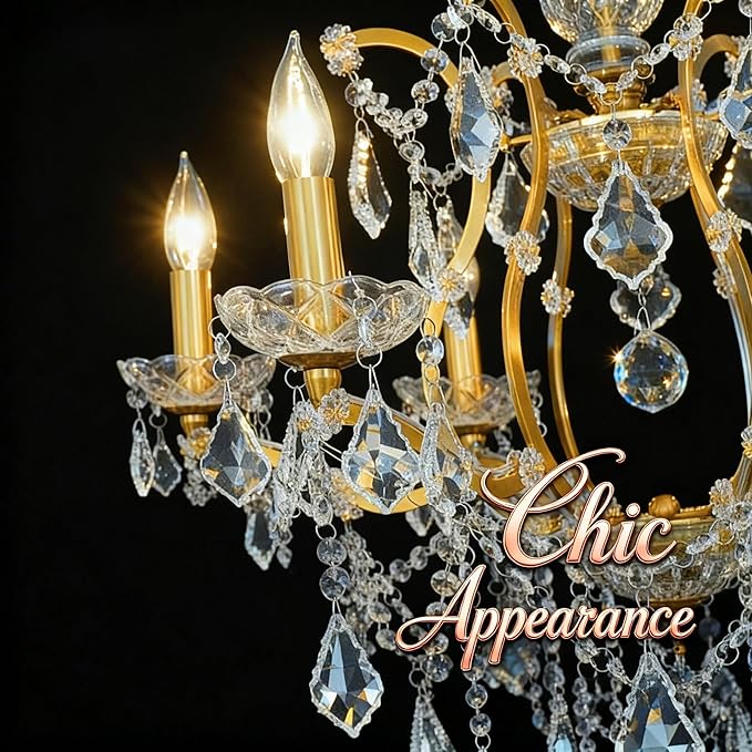 Luxury Antique Gold Crystal Chandeliers with Candle Pendant Ceiling Light Fixture - 6 Lights Polished Golden Bronze Crystal Chandelier for Dining Room, Living Room, Kitchen, Bedroom