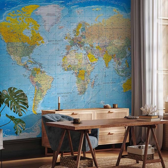 artgeist Premium Wall Mural World Map 118x83 in - XXL Non-Woven Wallpaper Fleece Wall Decor Photo Print Picture Image Design Home Map of The World k-A-0109-a-a