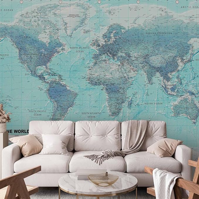 artgeist Wall Mural World Map 138x101 in - XXL Non-Woven Wallpaper Fleece Wall Decor Photo Print Picture Image Design Home Map of The World k-A-0091-a-b