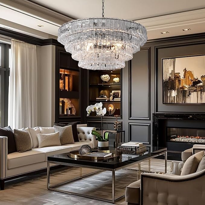 Clear Glass 36 inch Round Chandelier for Dining Room, Modern Drum Black Pendant Light Fixture with Crystal Glass Bubbles, Large Ceiling Light