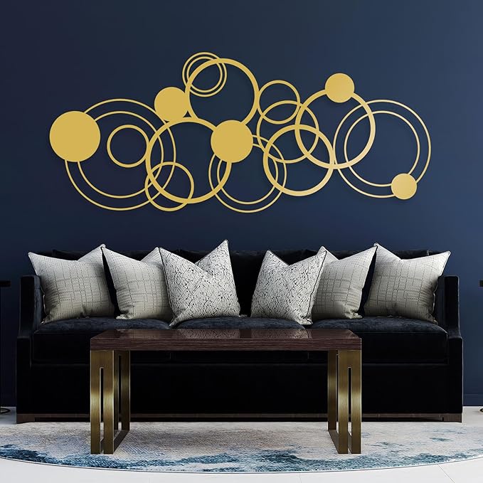 Abstract Circles Metal Wall Art, Geometrical Metal Wall Decor, Gold Circle Decorations, Circular Geometric Artwork, Large Rectangle Sign, Modern Minimalist Home Decor (Silver, 59"x25" | 150x63cm)
