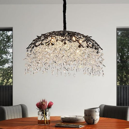 Modern Crystal Chandelier for Dining Room, 31.5" 10-Light Black Tree Branch Chandeliers, Luxury K9 Crystal Rectangular Chandeliers for Kitchen Island Living Room