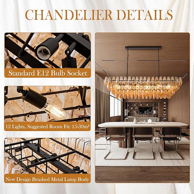 Large Chandelier, 54" Rectangular Drum Chandeliers for Dining Room, 12-Light Modern Round Kitchen Island Hanging Light Fixture for Living Room, Kitchen Island, Foyer- Black