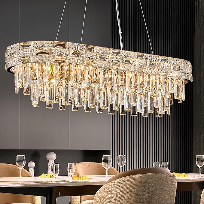 Modern Crystal Chandelier,12-Light Gold Chandelier Light Fixture Contemporary Luxury K9 Crystal Rectangular Pendant Ceiling Light Fixture for Dining Living Room Kitchen Island Bar (L34.3Inch)
