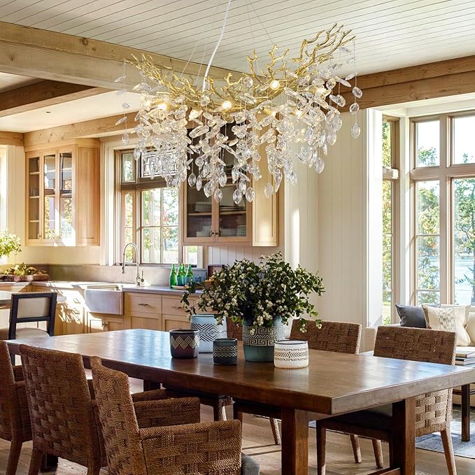 L36inch Crystal Rectangle Chandelier for Dining Room, Gold Tree Branch Chandeliers Over Table, Top K9 Crystal Modern Chandeliers for Kitchen Island,Dining Table,Luxury Rectangular Chandelier