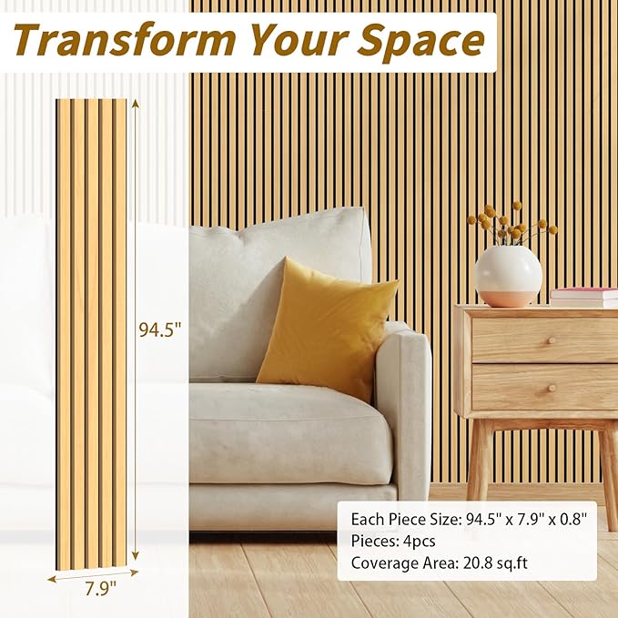 4-Piece Acoustic Wood Wall Panels for Wall and Ceiling, 3D Fluted Soundproof Wood Slat Wall Panels for Interior Wall Decor, 94.5" x 7.9"-Light Walnut