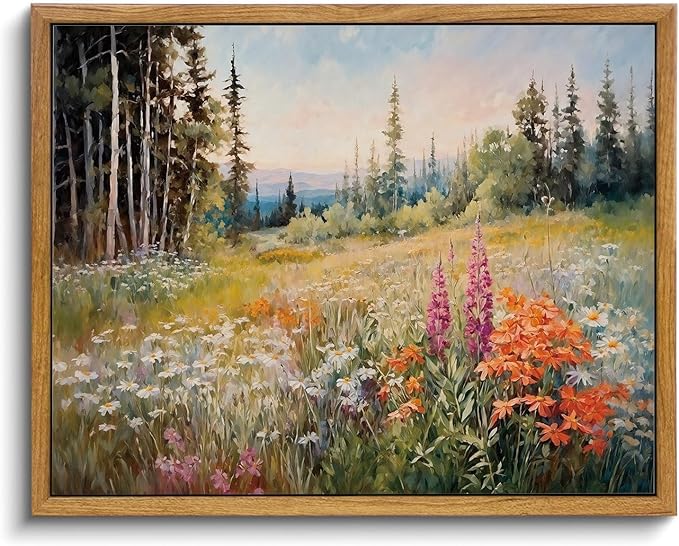 KISSFOX Vintage Framed Wall Art Mountain Meadow Wildflower Landscape Colorful Canvas Art Nature Serene Countryside Paintings Artwork Farmhouse Rustic Art Prints For Bedroom Bathroom Living Room