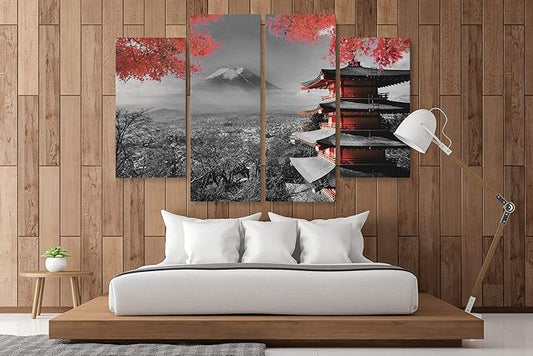 Japanese Temple in Autumn Black White Red Canvas Art Wall Art Home Decor (4 Piece Large)