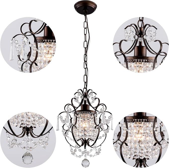 Modern Mini Crystal Chandelier,Iron Bronze Crystal Light Fixtures Ceiling Mount 1 Light Small Chandeliers for Bedroom Elegant Hanging Lighting for Girls Room Dining Room Closet Kitchen Island