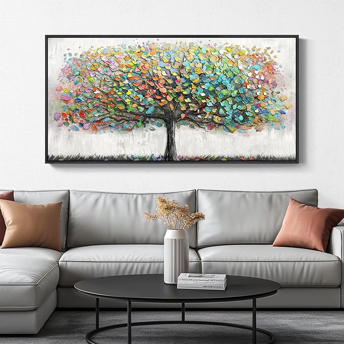 Large Framed Tree of Life Colorful Wall Art, Modern Canvas Prints Paintings Artwork for Walls, Bright Big Tree Pictures for Living Room Fireplace Dining Room Bedroom Office Wall Decor 30x60 Inch