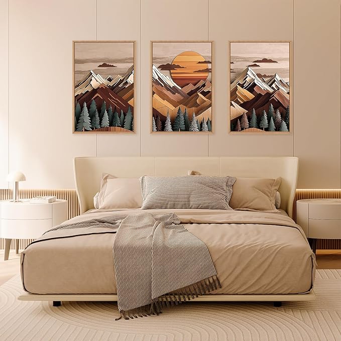 KAIRNE Mountain Framed Canvas Wall Art Set, Mountain Themed Wall Decor, Wooden Pine Tree Scene Wall Painting, Vintage Forest Landscape Art Prints for Living Room, Bedroom, Office 16"x24"x3