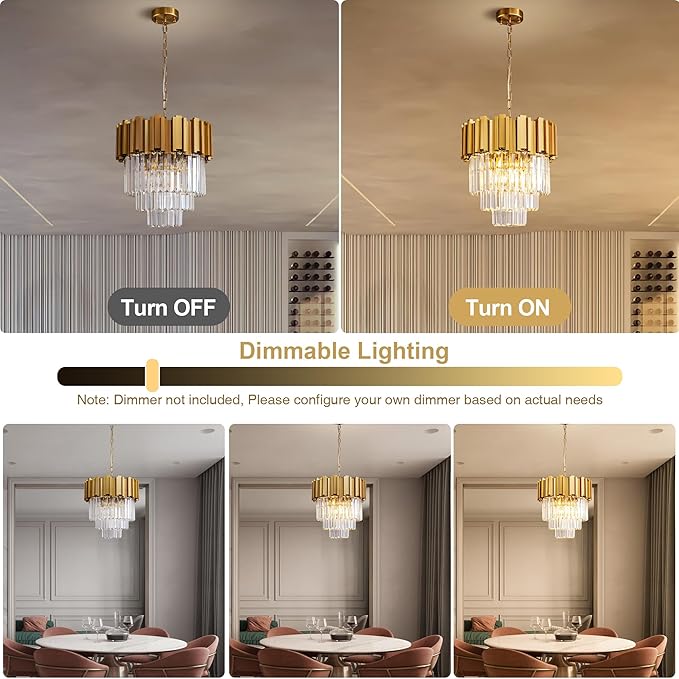 3-Tier 15.8" Modern Gold Crystal Chandelier, 5-Light Round K9 Crystal Pendant Light Fixture for Dinning Room, Kitchen Island, Bedroom, Living Room, Foyer, Entryway