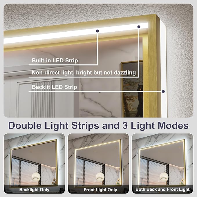 40x30 Inch Gold LED Bathroom Mirror with Front and Back Lights, Adjustable 3000K/4500K/6000K, Framed Lighted Bathroom Vanity Mirror, Dimmable, Anti-Fog, Horizontal/Vertical