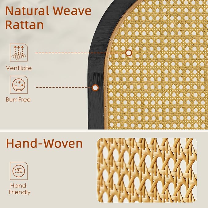 6 Panel Room Dividers and Folding Privacy Screens, Hand-Made Rattan Room Divider with Bi-Directional Hinge, Pre-Assembled Wood Room Divider Wall for Home Office Bedroom, Black