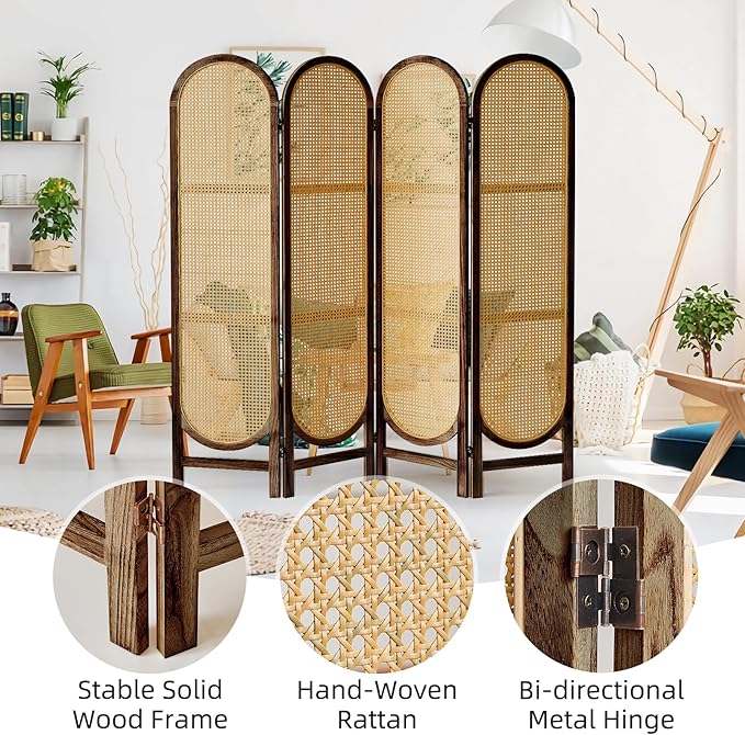 5.6 Ft Room Divider 4 Panel, Folding Privacy Screen, Rattan Room Divider, Foldable Wood Divider Panel, Portable Partition Screen, Wall Divider for Room Separation Home Office Garden-Brown