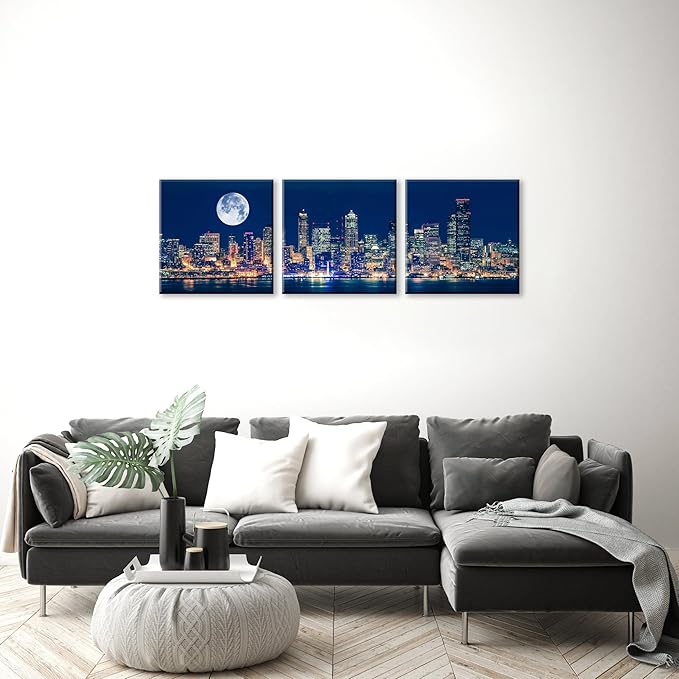 NAN Wind Panoramic Seattle Skyline Night Canvas Art Full Moon Over City Wall Decor 3 Panel Modern Urban Cityscape Print Blue Harbor Illuminated Skyscrapers Living Room Office Bedroom Home Decoration