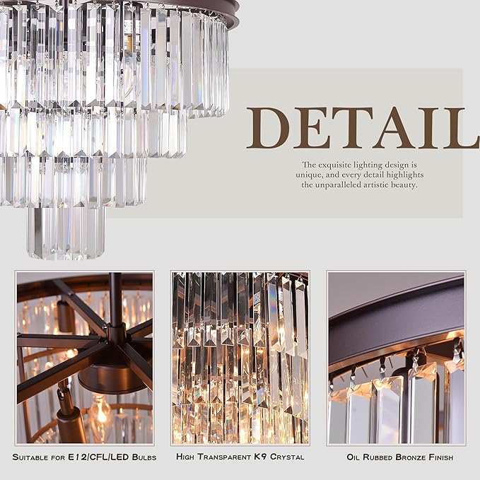 Oil Rubbed Bronze Crystal Modern Contemporary Chandeliers Pendant Ceiling Light 4-Tier Chandelier Lighting for Dining Room Living Room Bedroom Girls Room Dia 18"
