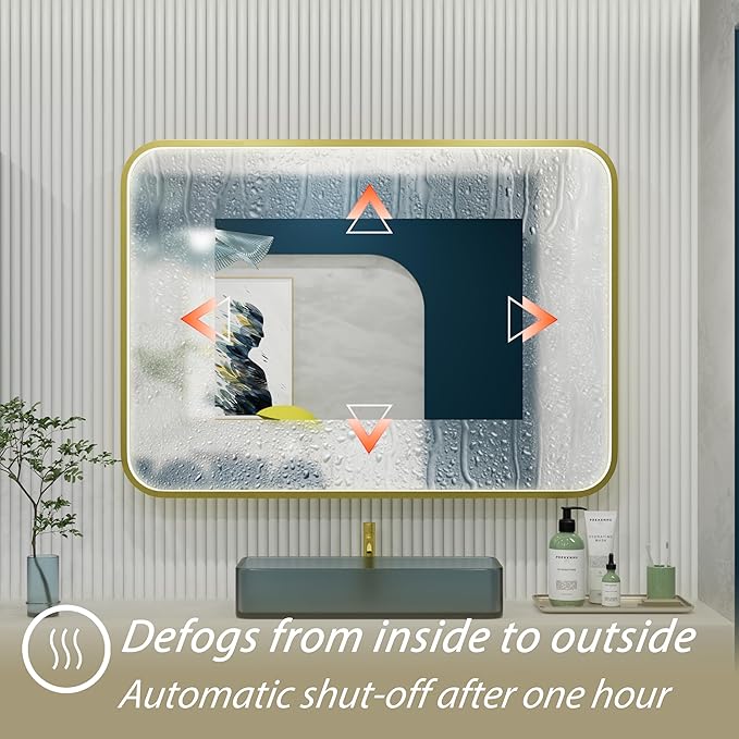 48x36 Inch Gold LED Bathroom Mirror with Lights, 3000K/4500K/6000K, Wall Mounted Lighted Vanity Mirrors for Bathroom, Memory Funtion, Stepless Dimmable, Anti-Fog, Horizontal/Vertical