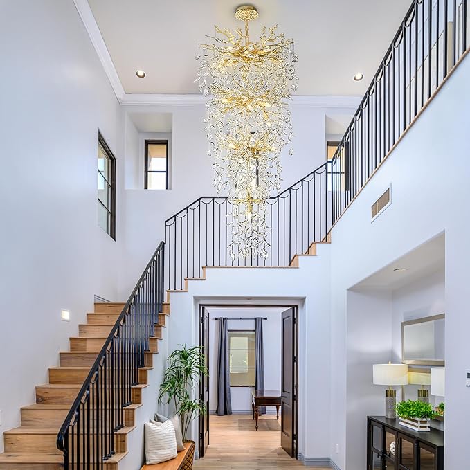 47'' Long Crystal Chandelier for High Ceiling, 25-Light Modern Gold Tree Branch Chandelier, Large Chandeliers for Staircase Foyer Entryway Living Room, 4-Tier Luxury K9 Raindrop Light Fixture- Upgrade