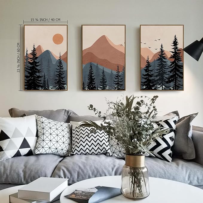 Boho Mountain Wall Art Framed Canvas Mid Century Nature Landscape Sunrise Theme Abstract Black Pines Tree Forest Wall Decor for Living Room, Bedroom, Office - 16x24 Inch, 3 Panels