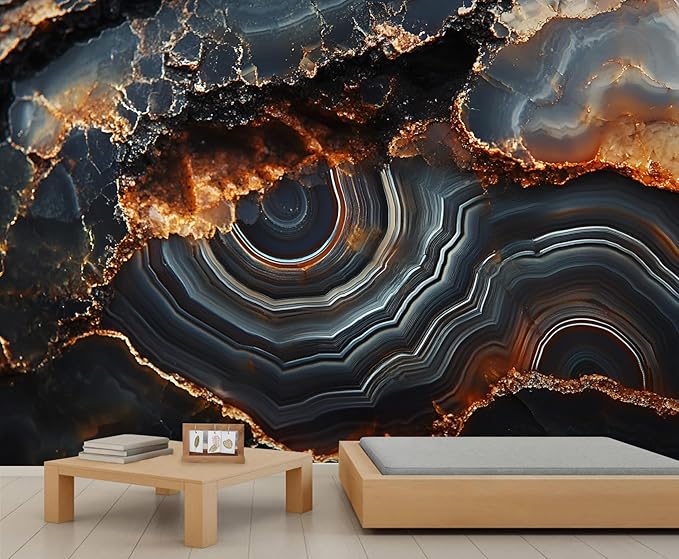 3D Agate Stone Mural Wallpaper, Black Gold Marble Murals, Modern Fashion Marble Murals, Wallpaper for Living Room Bedroom Boy Girl Room Home Decor Mural (Not Peel Stick)